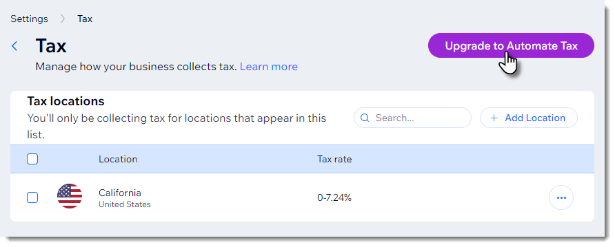 Screenshot of the Wix tax page showing the Upgrade to Automate Tax button