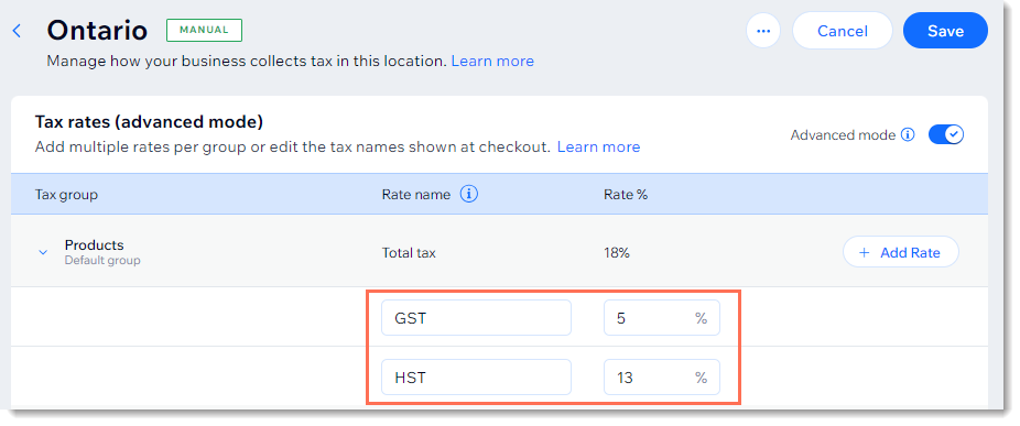 Screenshot of the tax page with the Advanced mode enabled, showing 2 taxes set up for a location