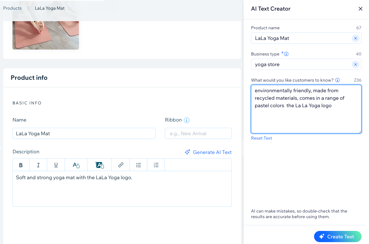 Captura de pantalla del generador de texto con IA de Wix para descripciones de productos en Wix Stores.