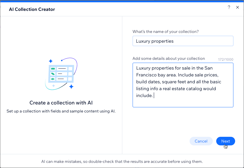 Captura de pantalla del generador de colecciones con IA de WIx en el CMS.