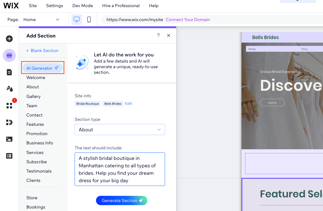 Captura de pantalla del generador de secciones con IA dentro del Editor de Wix.