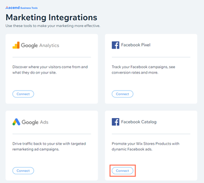 Screenshot of some marketing integrations in Wix