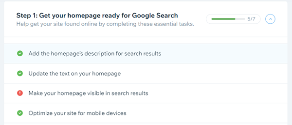 The SEO Setup Checklist showing an indicator that a step has been skipped.