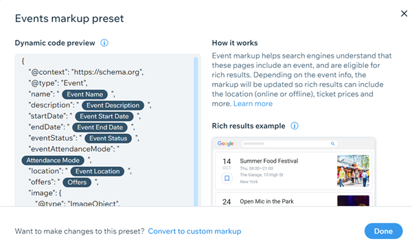 A preset markup for a Wix Events event