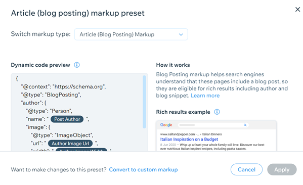 A preset markup for a Wix Blog post