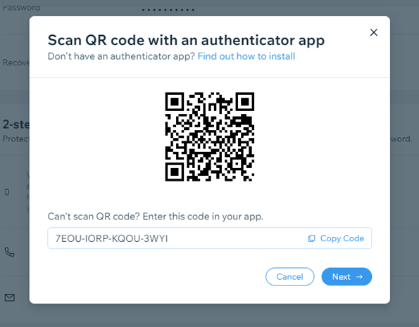 A screenshot of a QR code generated when setting up 2 step verification with an authenticator app in a Wix account.