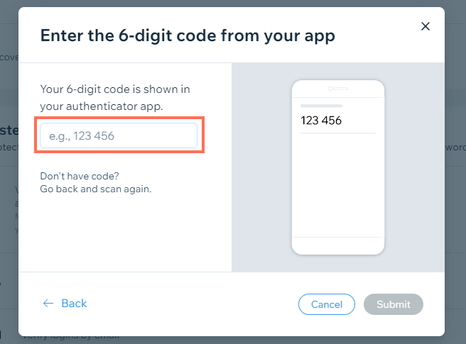 A screenshot showing how to set up 2 step verification with an authenticator app in a Wix account.