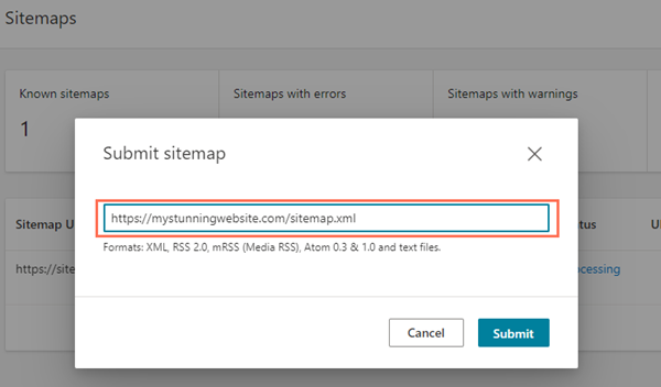 Submitting a site map in Bing Webmaster Tools