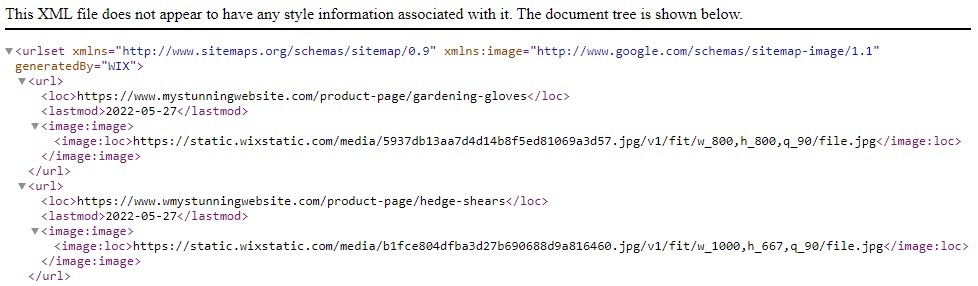 An example of a Wix Stores sitemap