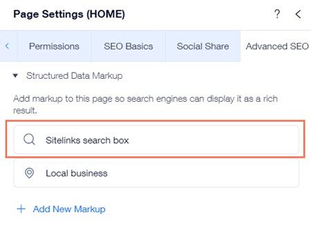 Sitelinks search box markup in your page's Advanced SEO settings