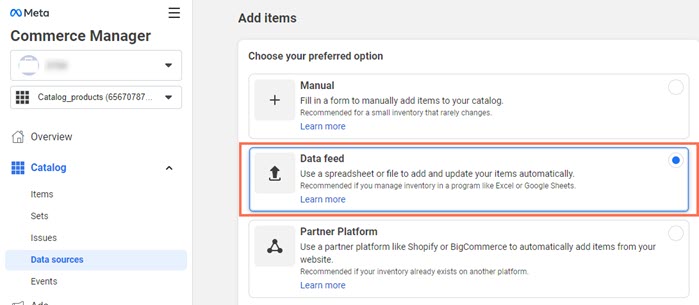 Datafeed selecteren in Meta Commerce Manager