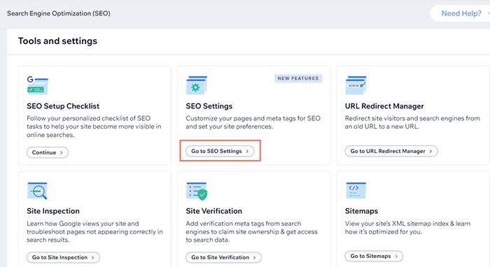 Selecting SEO Settings in your site's dashboard