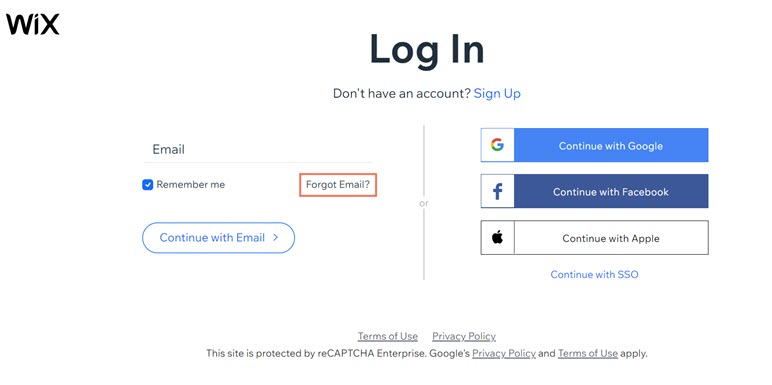 A screenshot of the Forgot Email link on the Log In page