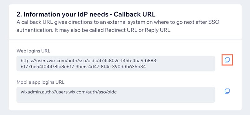 A screenshot of copying a callback URL in SSO Settings