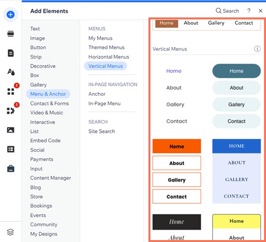 Una captura de pantalla de las opciones del menú vertical en Wix Editor