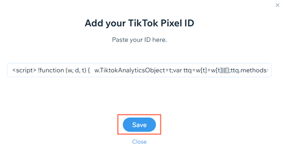 A screenshot of adding your TikTok Pixel ID to your site