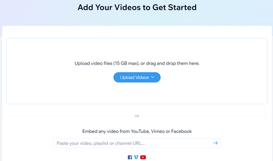 The video upload window, showing options to upload videos from your PC, or from Facebook, Vimeo or YouTube.