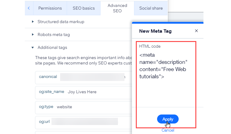 A screenshot of applying a new meta tag.