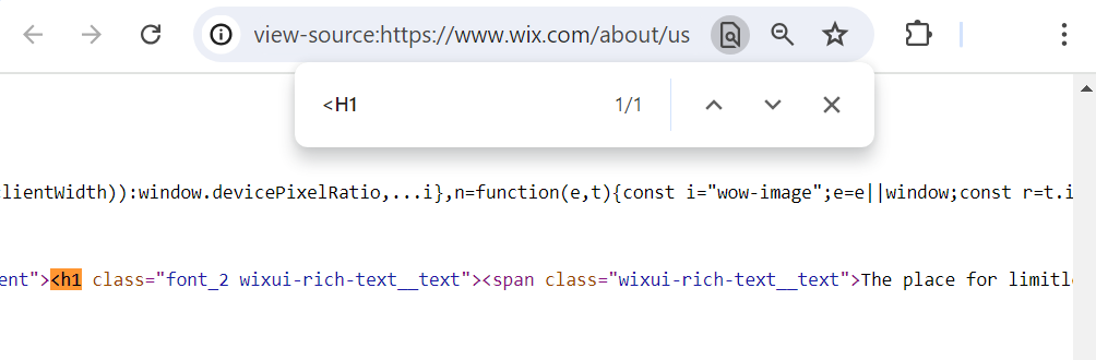 Captura de pantalla de la ubicación de la etiqueta H1 en el código fuente de una página.