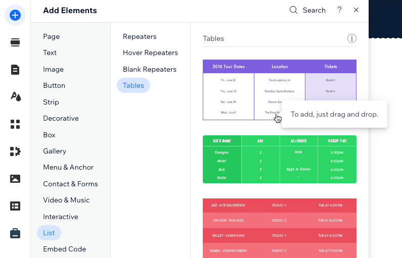 A screenshot of adding a table in the Wix Editor.