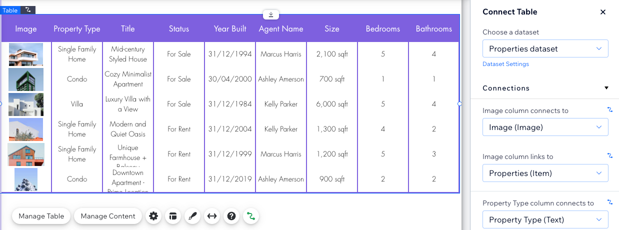 A screenshot showing an example of a table connected to the CMS.