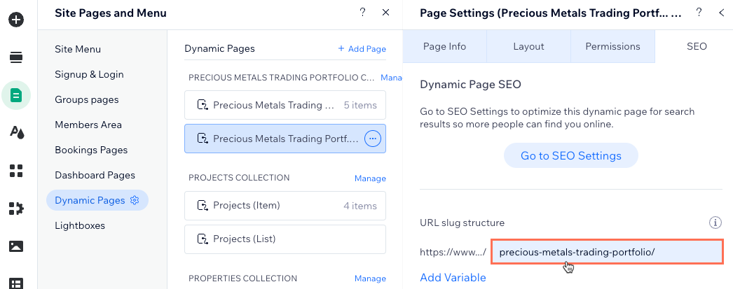 A screenshot of editing the URL slug structure for a dynamic list page.