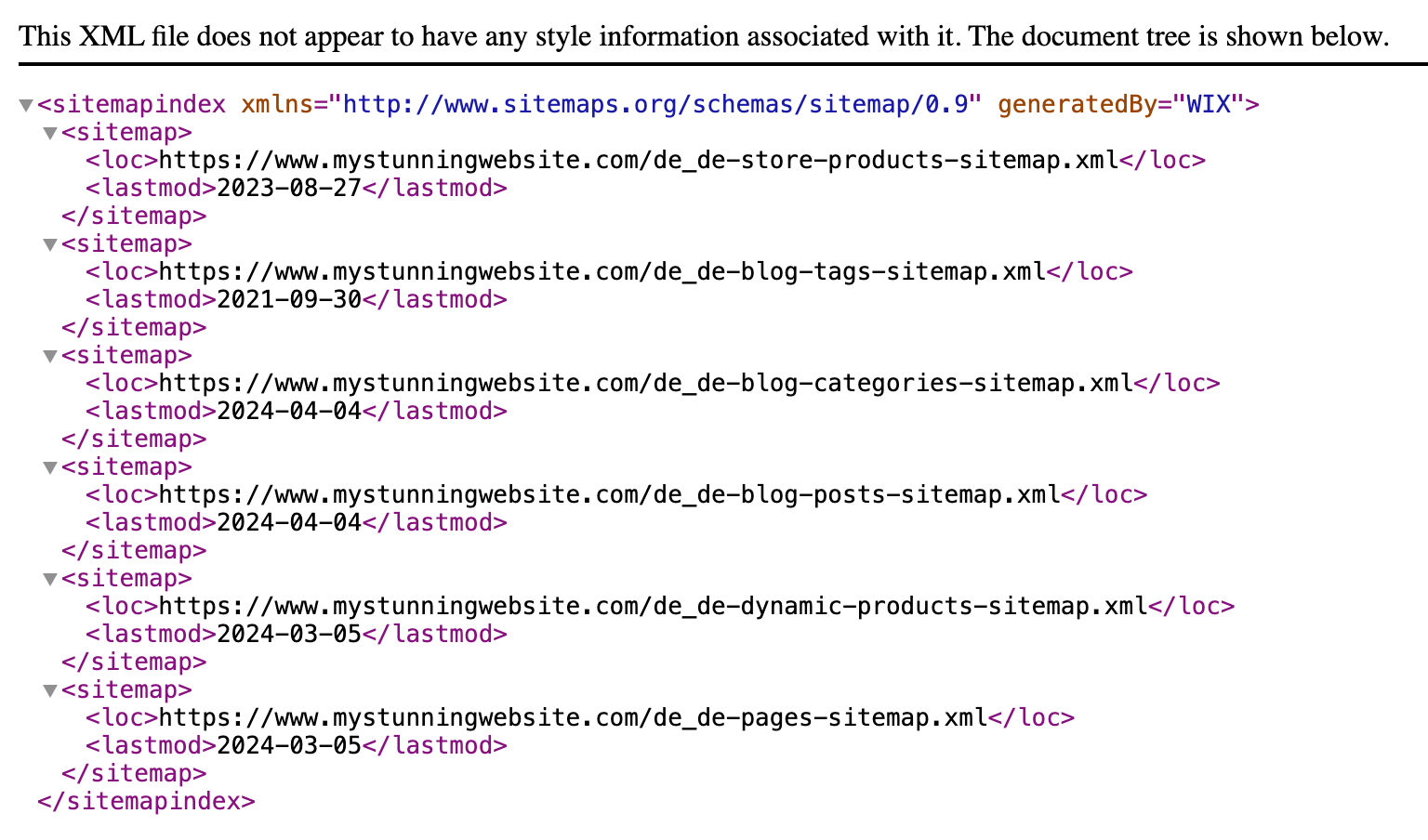 An example of a German sitemap on a Wix Stores site.