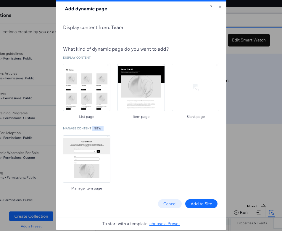 Screenshot of the different types of dynamic pages you can add.