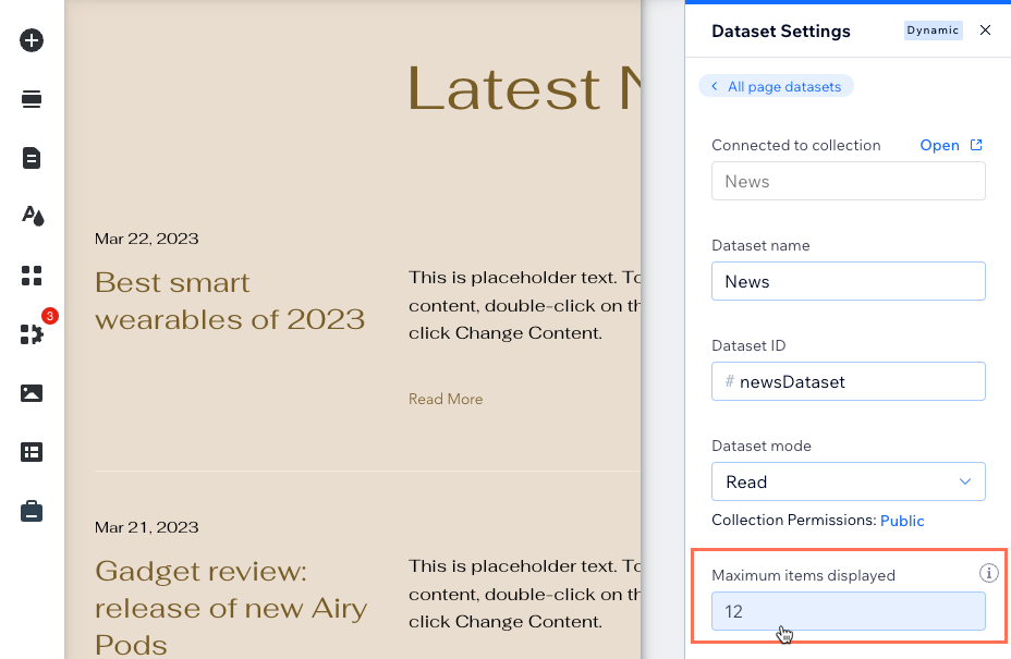 A screenshot of setting the maximum items displayed field in the dataset settings.