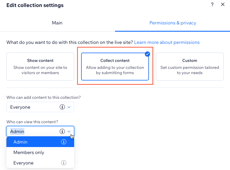 Screenshot of setting collection permissions to collect content.