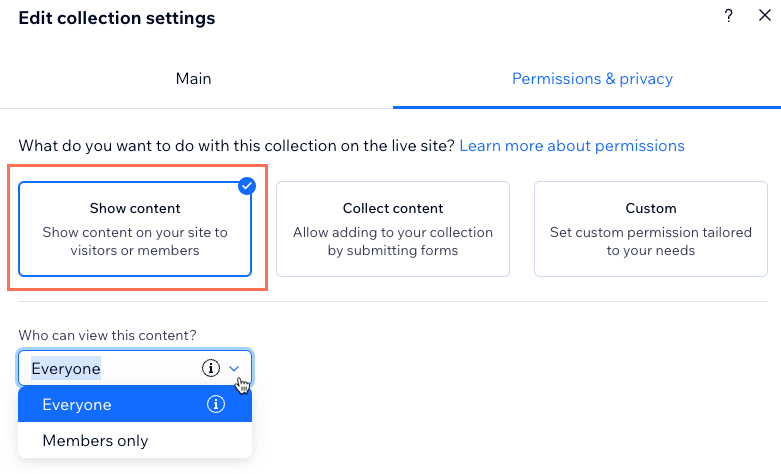 Screenshot of setting collection permissions to show content.