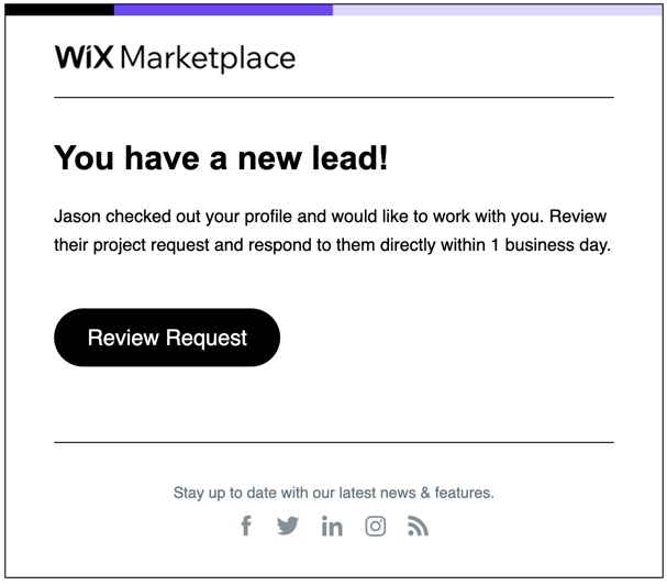 Screenshot di come ottenere un nuovo lead dal Wix Marketplace