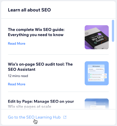 A screenshot of click to access the SEO Learning Hub from the SEO tab.