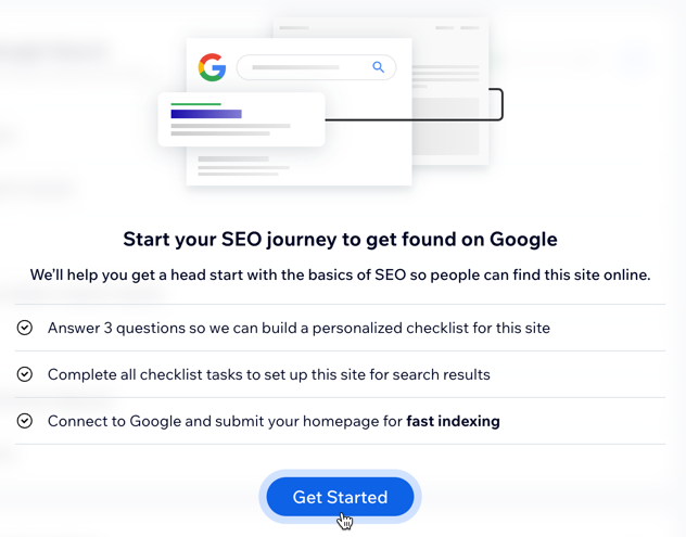 A screenshot of clicking Get Started in the SEO SETUP checklist.
