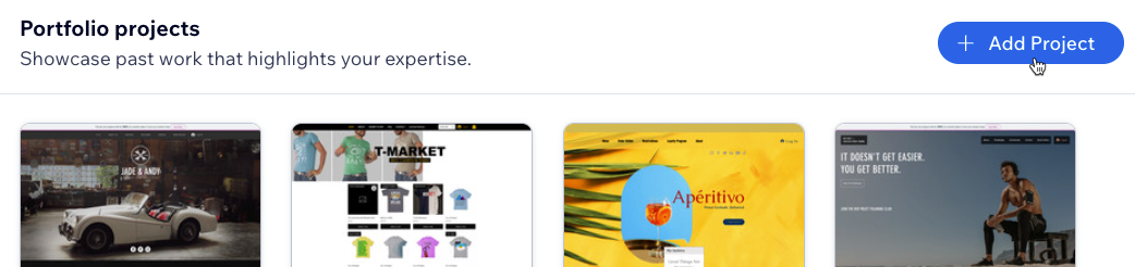 Een screenshot van het klikken op Project toevoegen om projecten aan je Wix Marketplace-profiel toe te voegen.