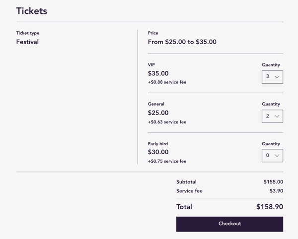 A screenshot of different ticket types for an event.