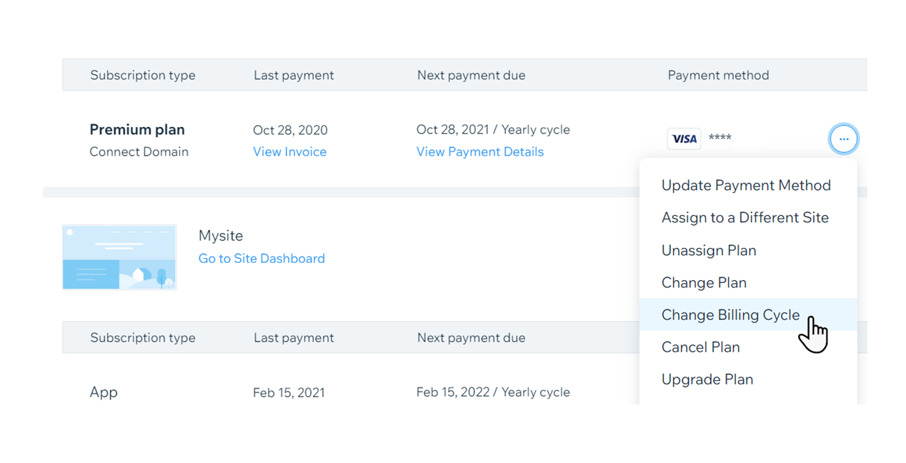 A screenshot showing how to change the billing cycle for a Wix Premium plan