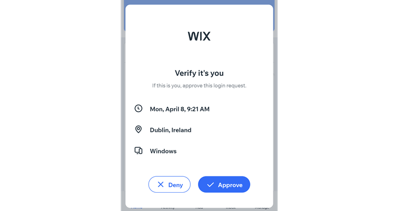 A screenshot of a 2FA notification on a device with the Wix Owner app installed.