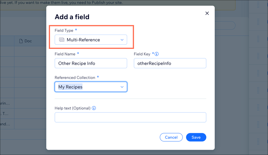 A screenshot of the Add a Field panel with the Multi-Reference field type highlighted..