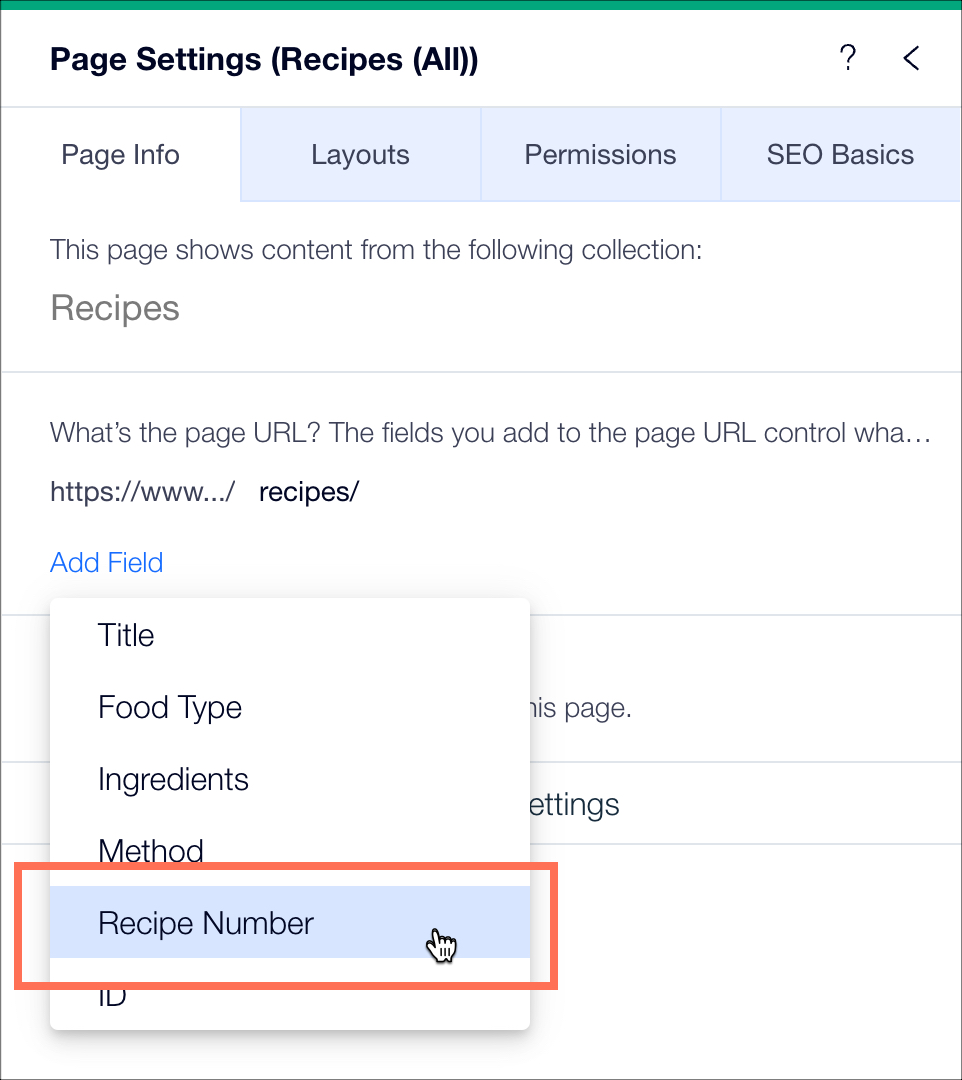 Снимок экрана панели «Параметры страницы» для динамической страницы с выделением поля «Номер рецепта» в раскрывающемся списке «Добавить поле».