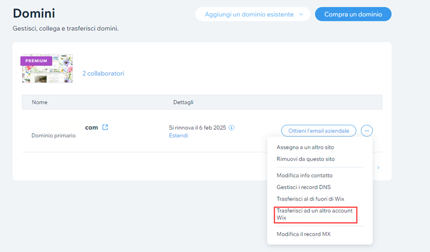 trasferire il dominio ad un altro account wix