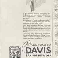 Ad, Davis Baking: Baking Powder by Preference to His Highness, the Son. (cookie cutters) By R.B. Davis Co., Hoboken; Women