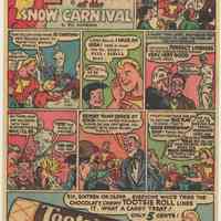 Ad, Tootsie Roll: Captain Tootsie at the Snow Carnival. (Sweets Co. of America, Hoboken); ca. 1948-1950.