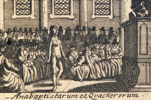 An image tiled "A strange gathering of Anabaptists and Quakers" depicting a naked woman and Anabaptists and Quakers before a pulpit