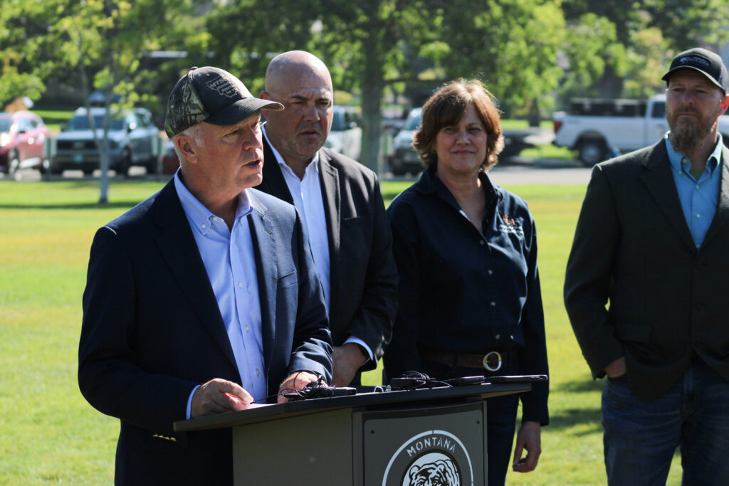 Gov. Greg Gianforte discusses the translocation of two grizzly bears at a news conference on Aug. 5, 2024. (Photo by Blair Miller, Daily Montanan)