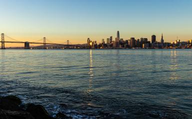 city, buildings, river, water, light, twilight