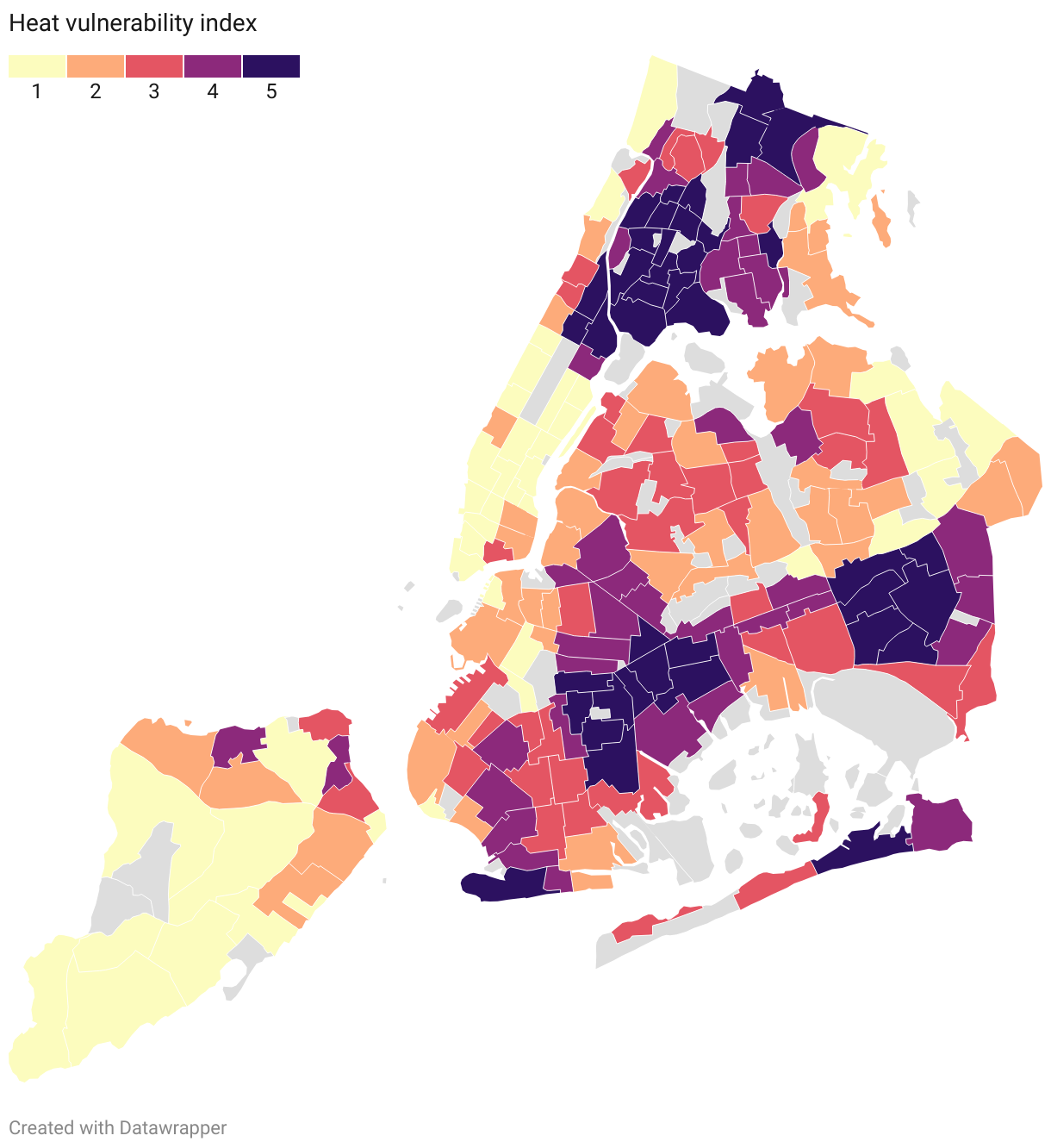 Map showing the heat vulnerability index for 2022 at the neighborhood tabulation area for New York City.