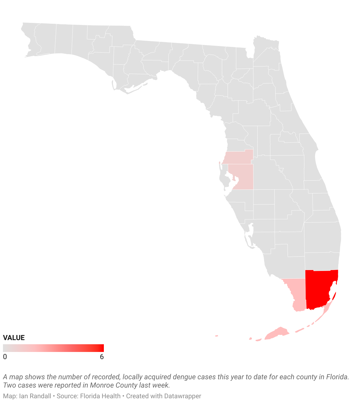 A map shows the number of recorded, locally acquired dengue cases this year to date for each county in Florida.