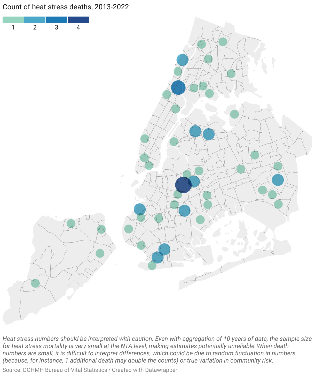 Map of heat stress deaths for 2022 by neighborhood tabulation areas in New York City