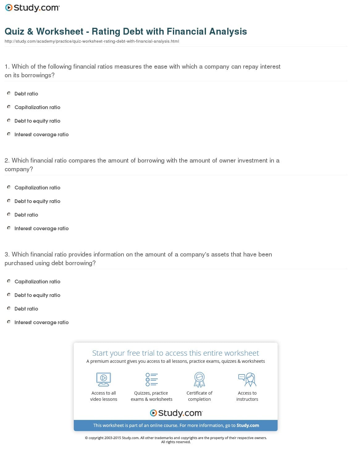 Quiz  Worksheet  Rating Debt With Financial Analysis